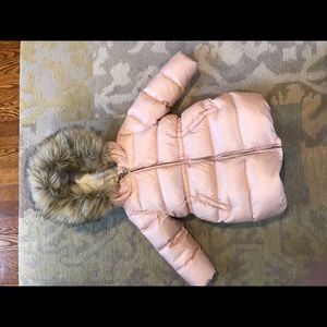 Baby Gap pink puffer coat with faux fur trim.